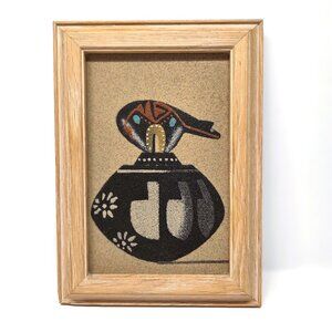 E. Tyler Diné Navajo Sand Painting "Pot w/ Bear” Wood Frame Native American Art